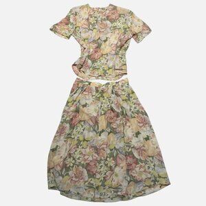VTG 70s Mister Leonard Floral 2 Piece Top Midi Skirt Set Made In Canada Size 16